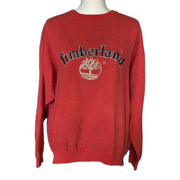 90s TIMBERLAND Weathergear Red Cotton Blend Sweatshirt Embroidered Logo sz L - Picture 1 of 11